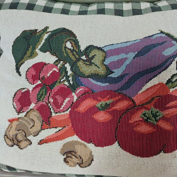 Vintage Tapestry Throw Pillow With Vegetable Design & Green Gingham Border - Picture 2 of 4